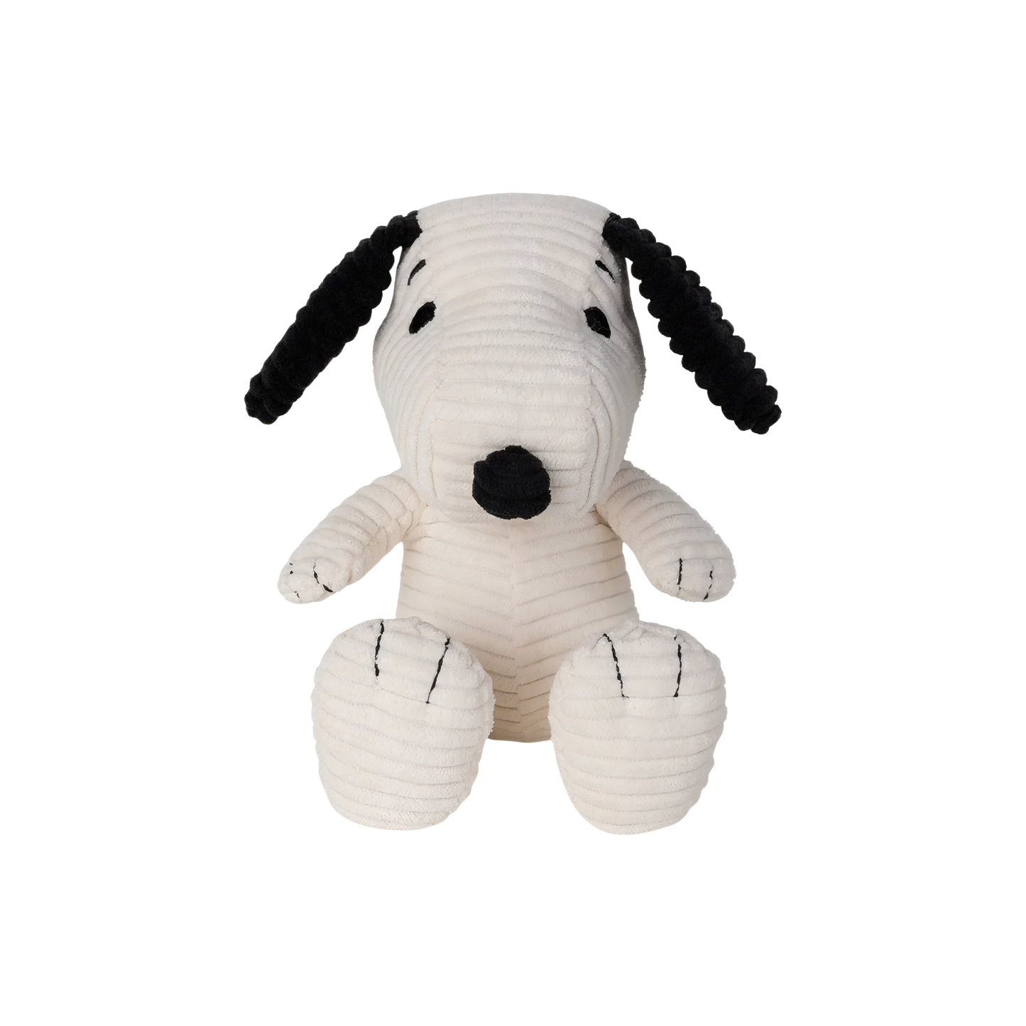 Front view of the Peanuts Snoopy Corduroy 19cm Cream, made from best corduroy, hand made and contains 100% recycled polyester, the world famous dog Snoopy can be paired with his little yellow friend Woodstuck.