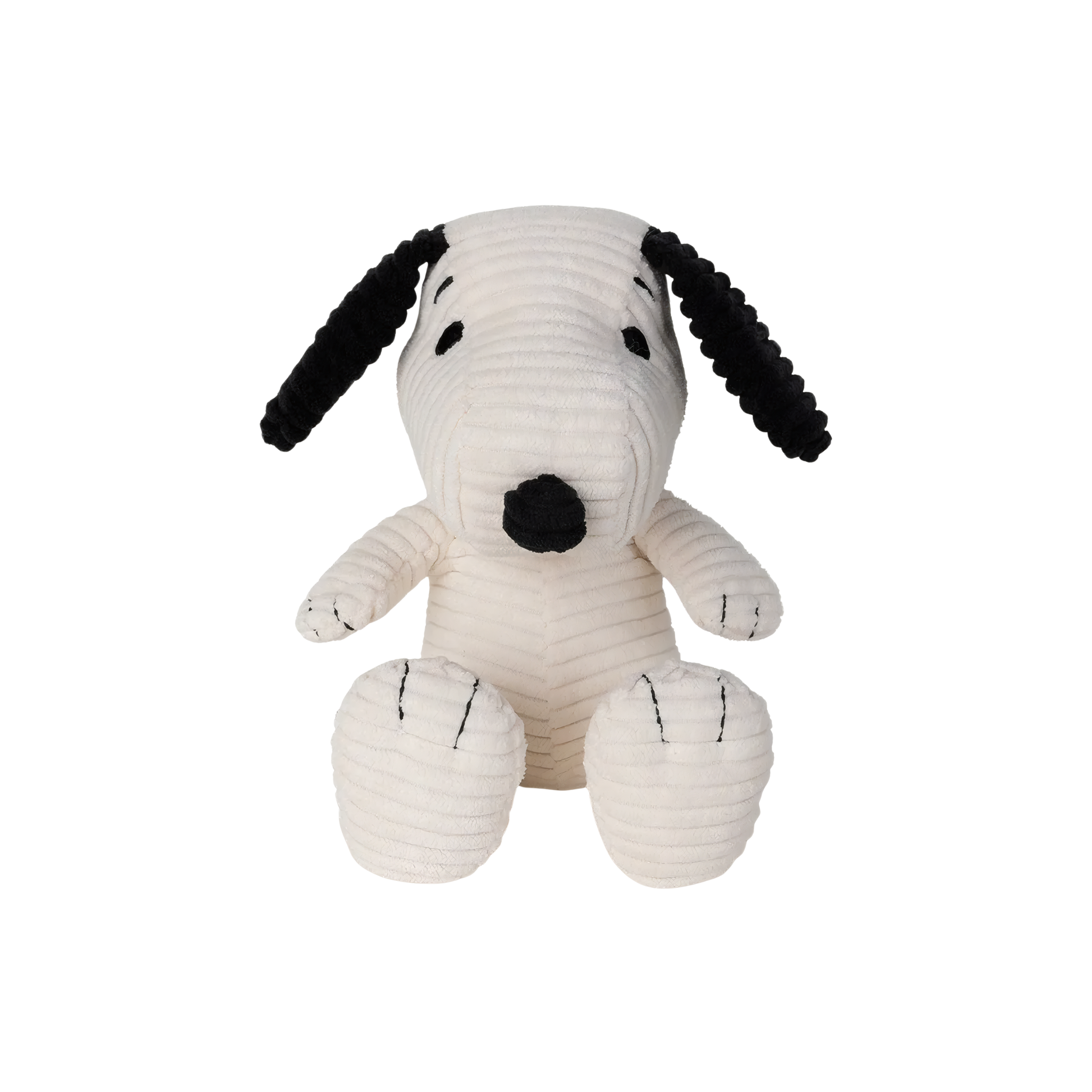 Front view of the Peanuts Snoopy Corduroy 19cm Cream, made from best corduroy, hand made and contains 100% recycled polyester, the world famous dog Snoopy can be paired with his little yellow friend Woodstuck.