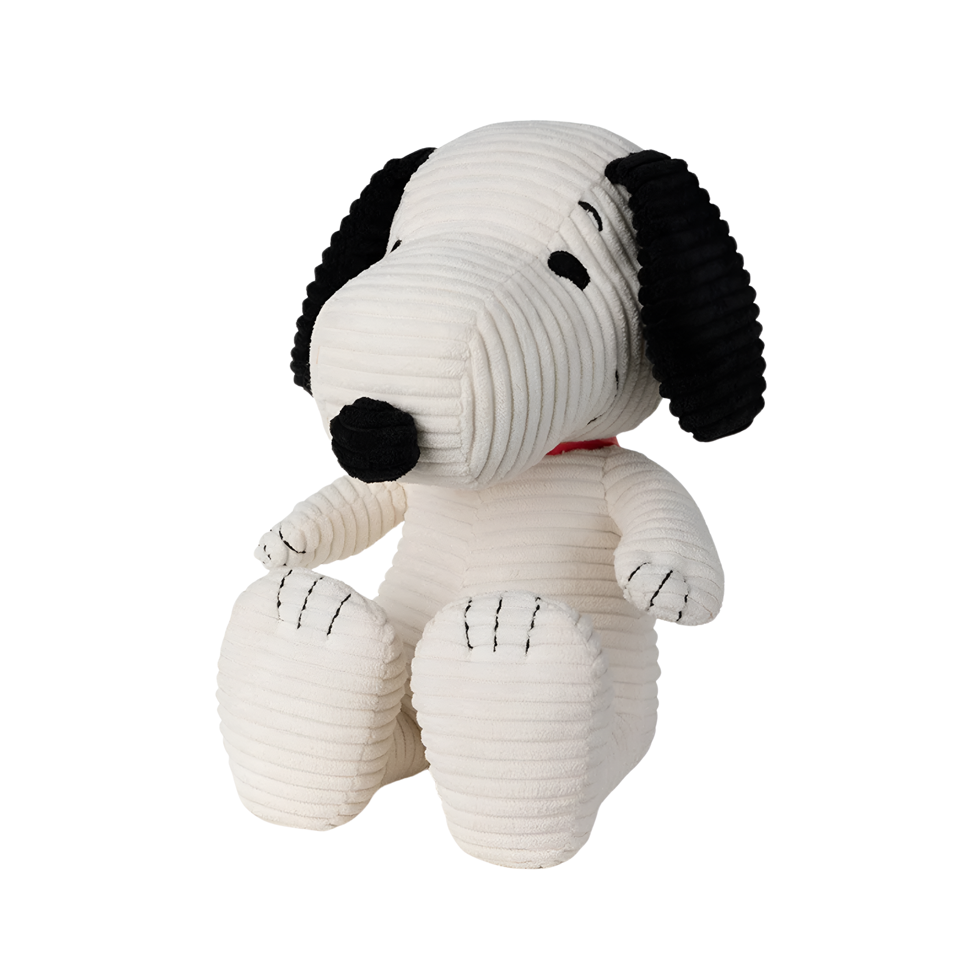 Quarter view of the Peanuts Snoopy Corduroy 27cm Cream, made from best corduroy, hand made and contains 100% recycled polyester, the world famous dog Snoopy can be paired with his little yellow friend Woodstuck.