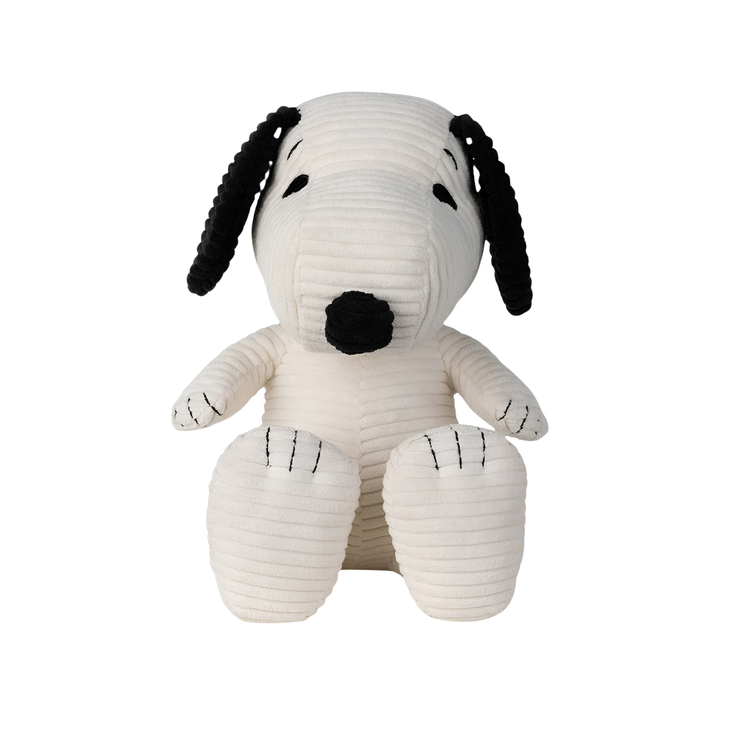 Front view of the Peanuts Snoopy Corduroy 27cm Cream, made from best corduroy, hand made and contains 100% recycled polyester, the world famous dog Snoopy can be paired with his little yellow friend Woodstuck.