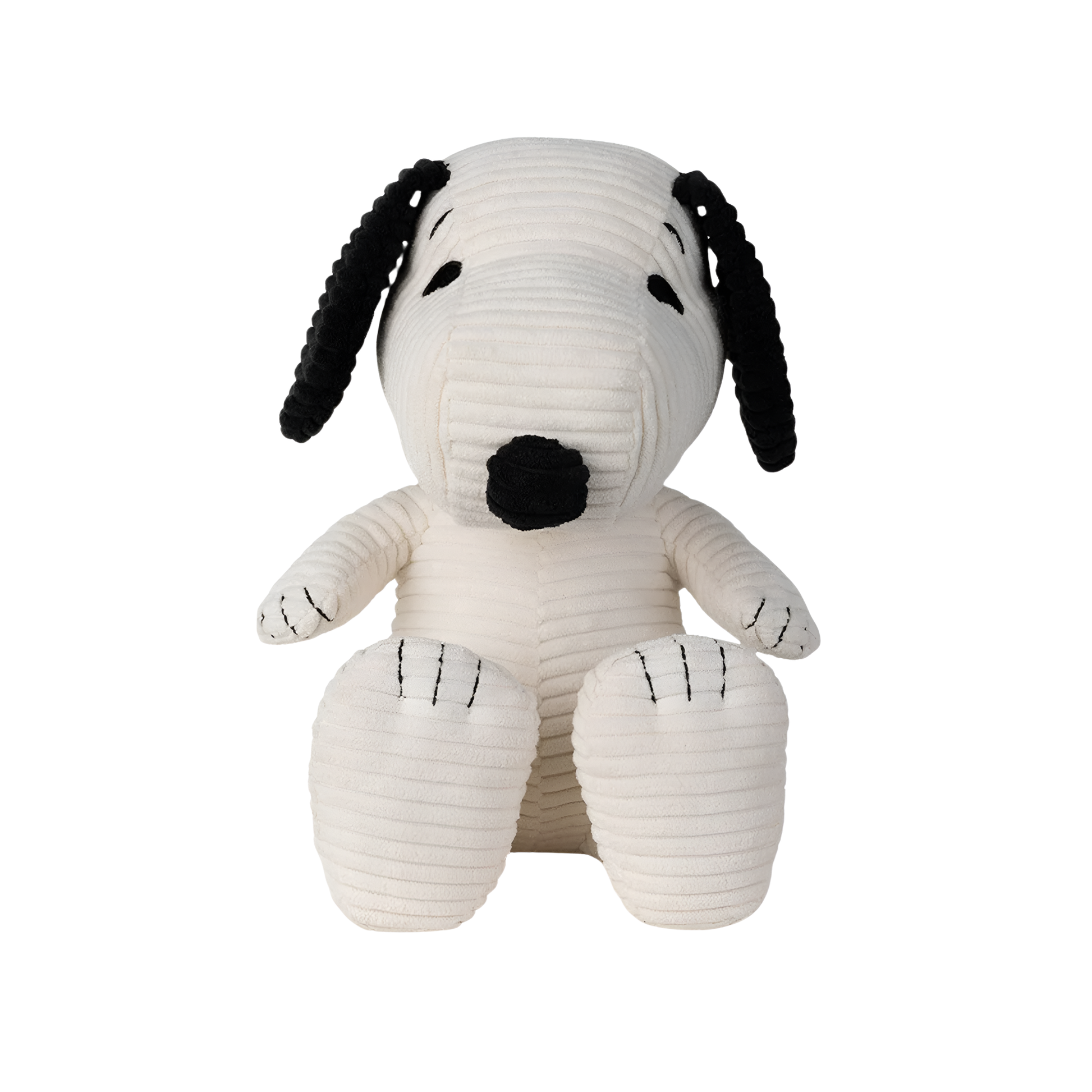 Front view of the Peanuts Snoopy Corduroy 27cm Cream, made from best corduroy, hand made and contains 100% recycled polyester, the world famous dog Snoopy can be paired with his little yellow friend Woodstuck.