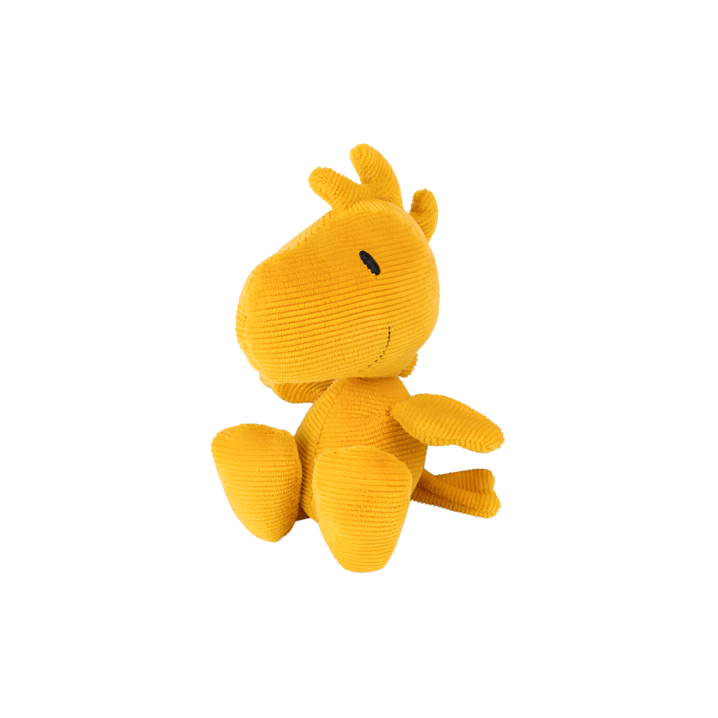 Quarter view of the Peanuts Woodstock Corduroy 15cm Yellow, made from Polyester Needle cord and filled with 100% recycled polyester, Snoopy's yellow intellectual friend.