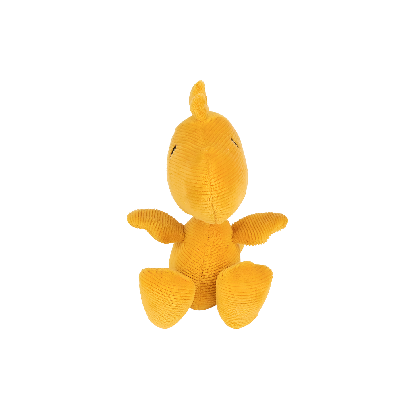 Front view of the Peanuts Woodstock Corduroy 15cm Yellow, made from Polyester Needle cord and filled with 100% recycled polyester, Snoopy's yellow intellectual friend.