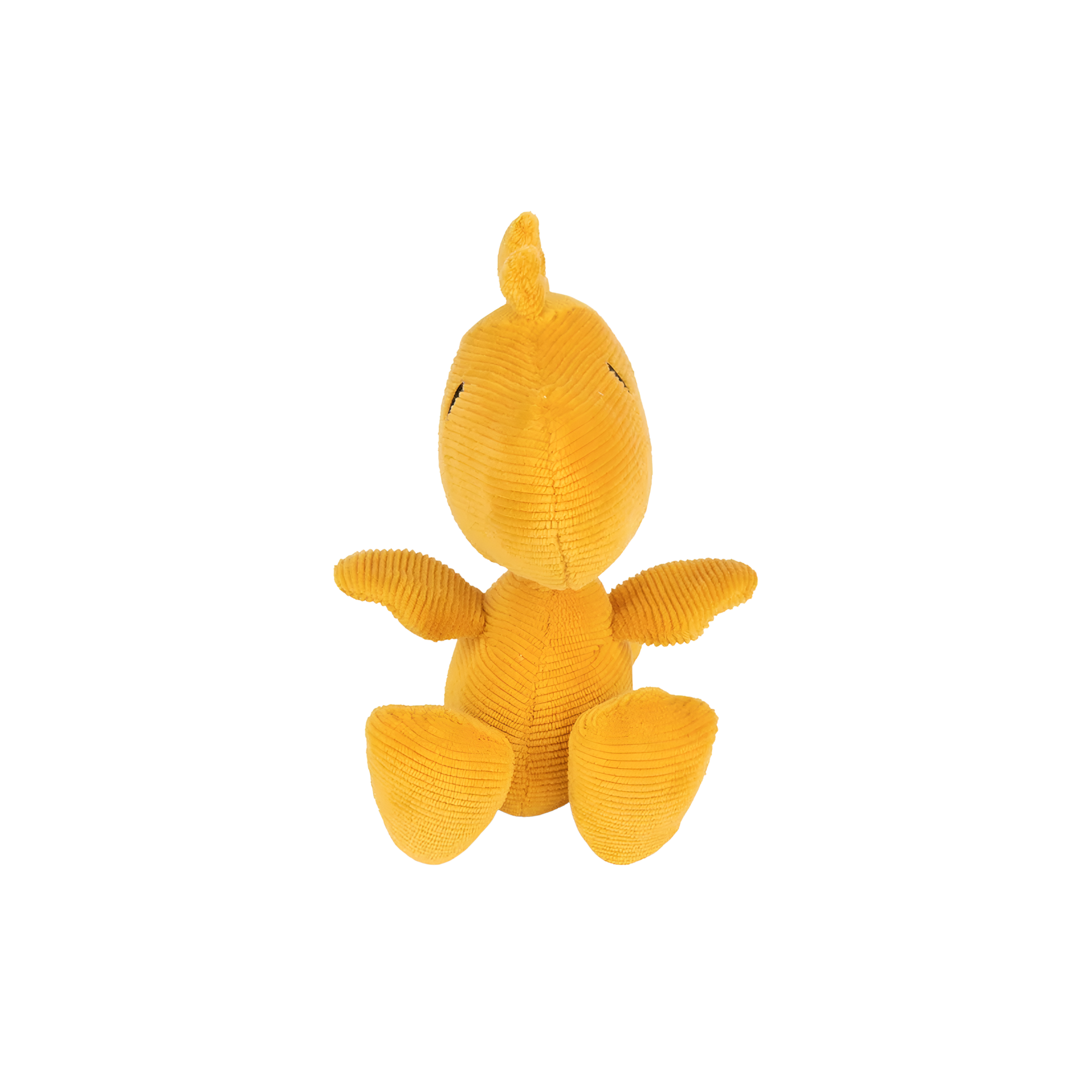 Front view of the Peanuts Woodstock Corduroy 15cm Yellow, made from Polyester Needle cord and filled with 100% recycled polyester, Snoopy's yellow intellectual friend.