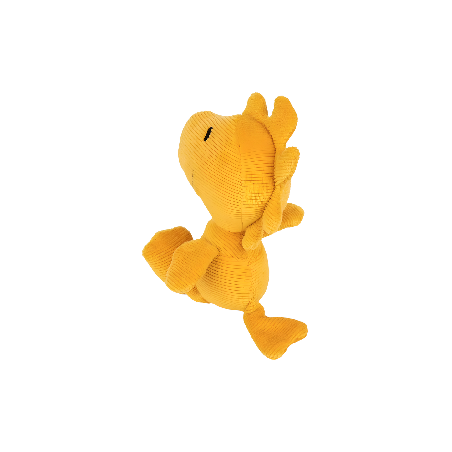 Semi-back view of the Peanuts Woodstock Corduroy 15cm Yellow, made from Polyester Needle cord and filled with 100% recycled polyester, Snoopy's yellow intellectual friend.