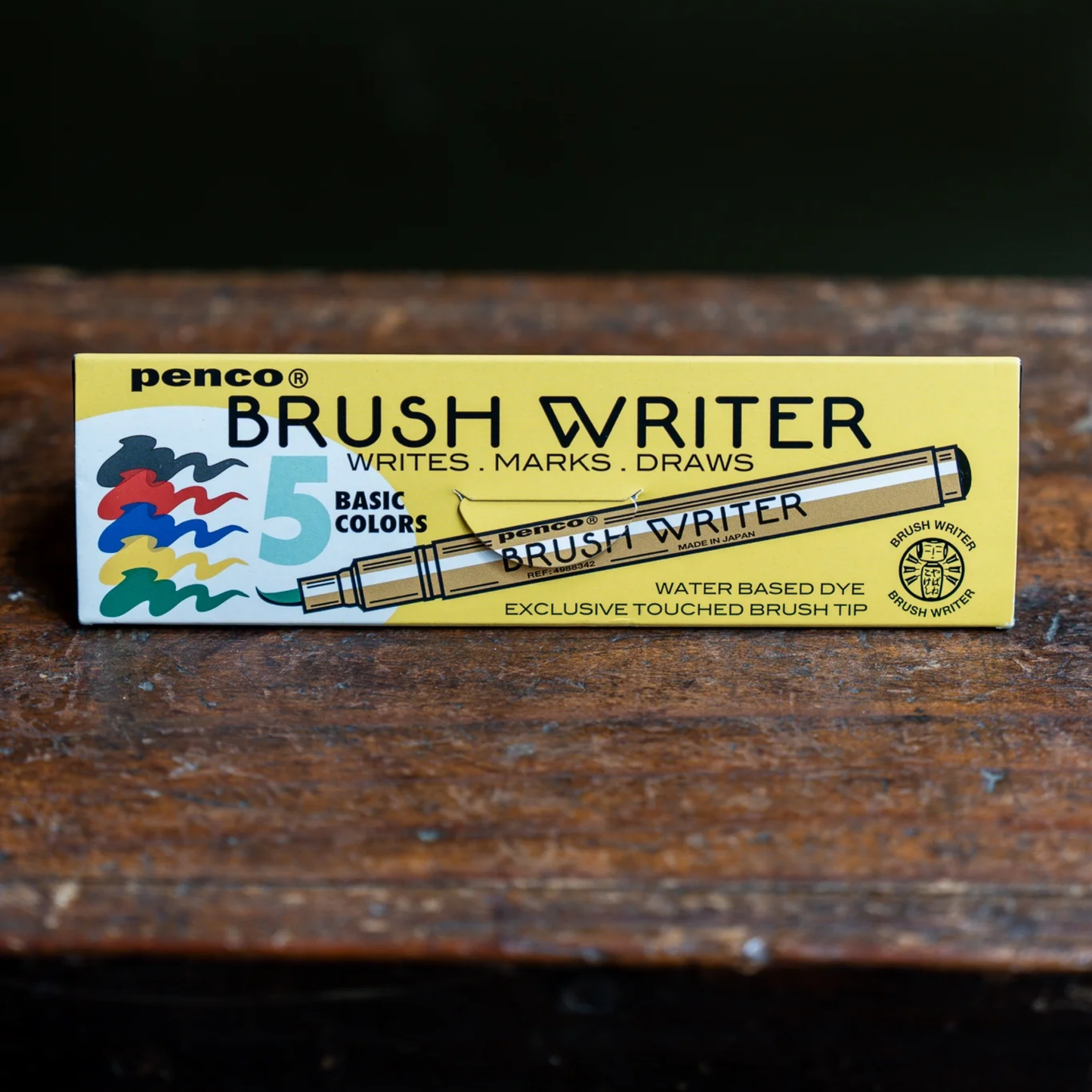 Penco brush writer 5 pack packaging box front view on wooden counter top close up