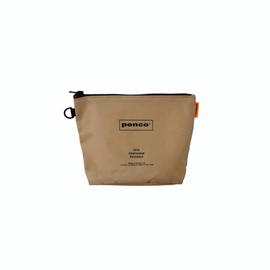 Penco Bucket Pouch Beige: A lightweight, durable nylon pouch for storing cables, chargers, sunglasses, and small essentials. Features a sturdy zip closure and oval base.