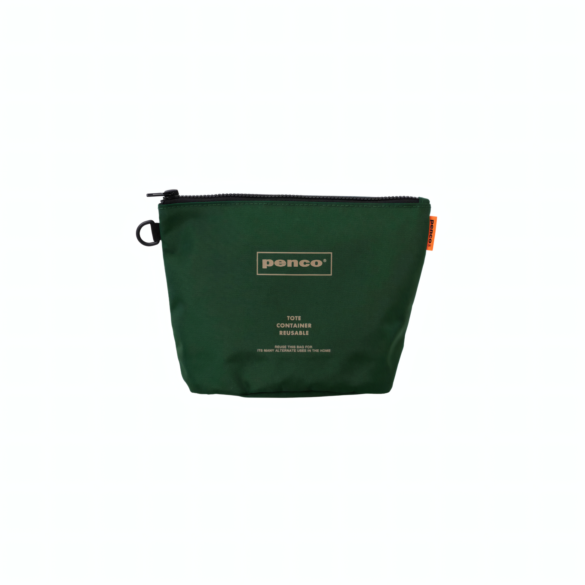 Penco Bucket Pouch Dark Green: A lightweight, durable nylon pouch for storing cables, chargers, sunglasses, and small essentials. Features a sturdy zip closure and oval base.