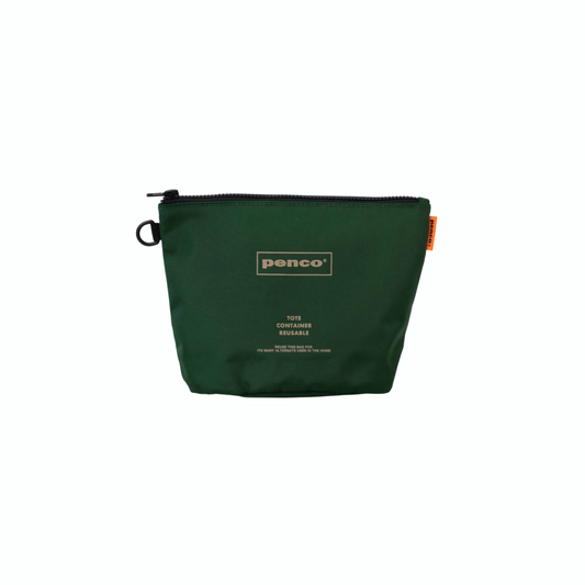 Penco Bucket Pouch Dark Green: A lightweight, durable nylon pouch for storing cables, chargers, sunglasses, and small essentials. Features a sturdy zip closure and oval base.