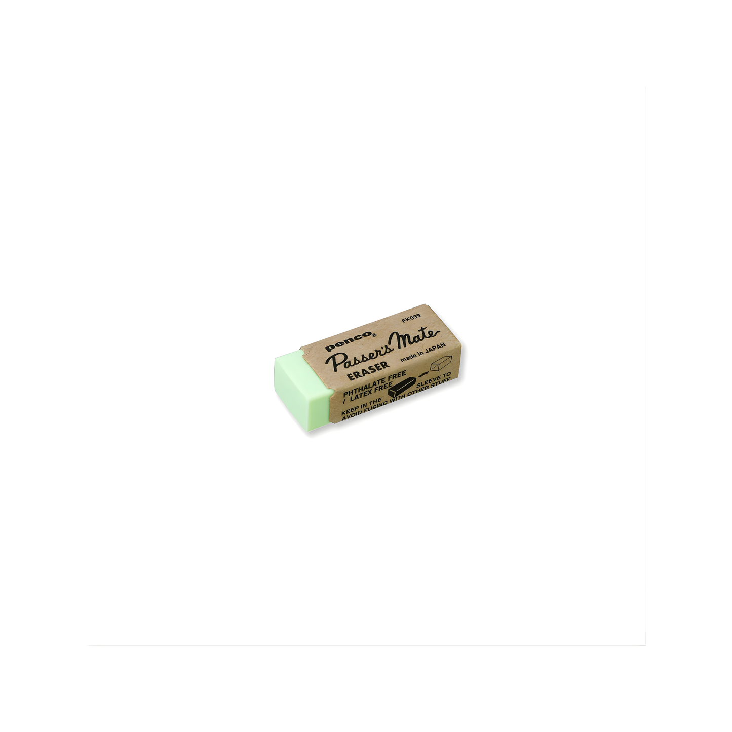 Penco eraser green made of PVC, with retro design and removes mistakes with ease that measures 43mm W x12mm H x18mm D. Made in Japan.