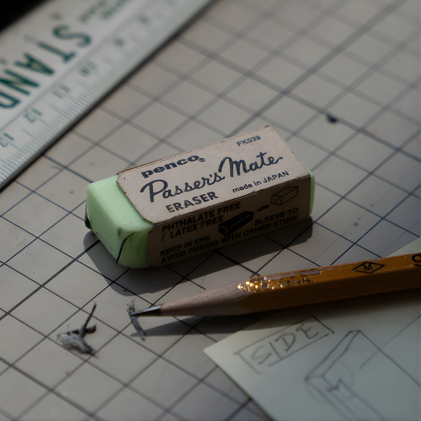 Showing the Penco eraser green on a paper with a pencil. Made of PVC, with retro design and removes mistakes with ease that measures 43mm W x12mm H x18mm D. Made in Japan.