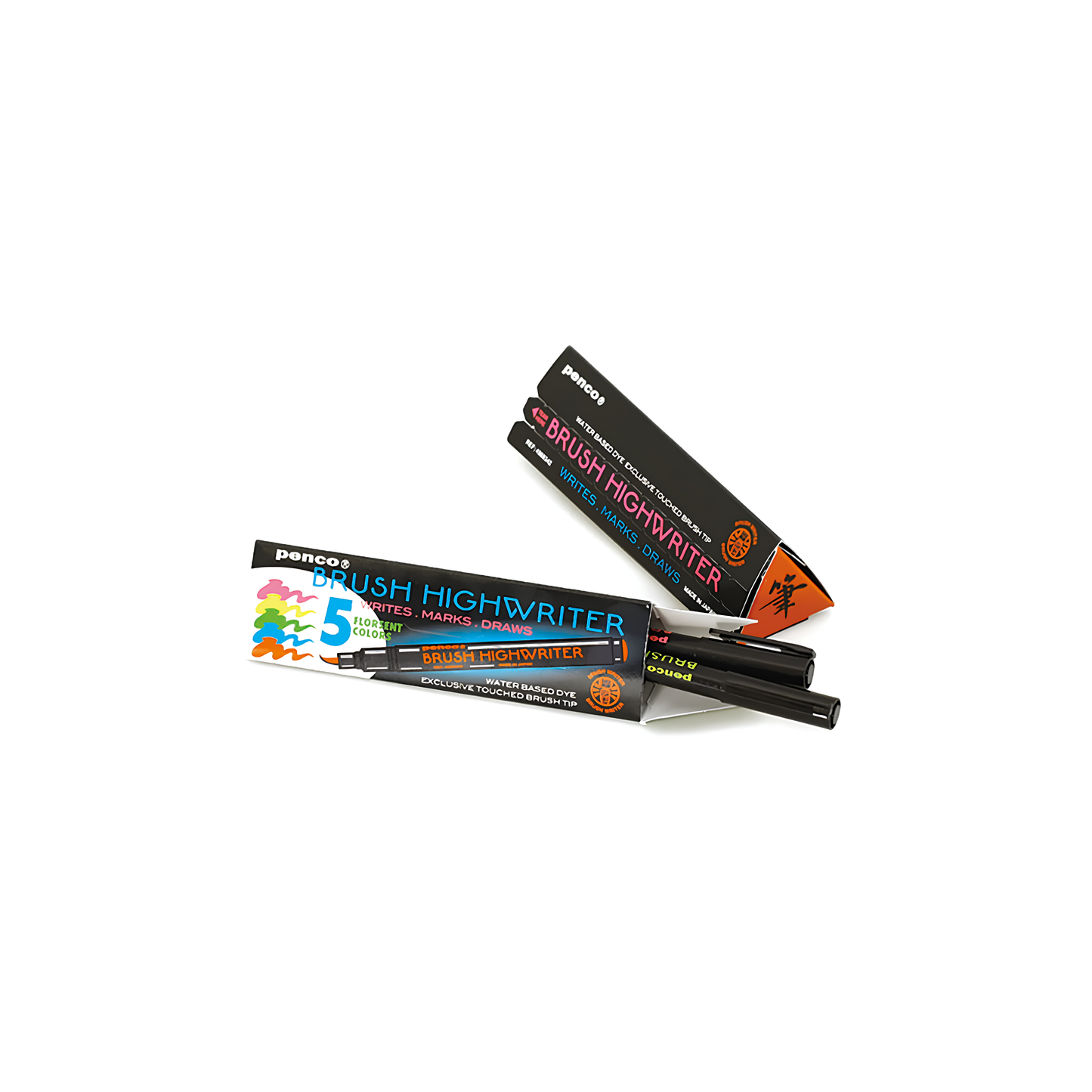 Open packaging box of the Penco Highwriter Brush Pen Set (5) Assorted Colours which is a Fude-style brush pens with water-based ink. Made from PP and polyester. Colours include blue, green, orange, pink, and yellow.
