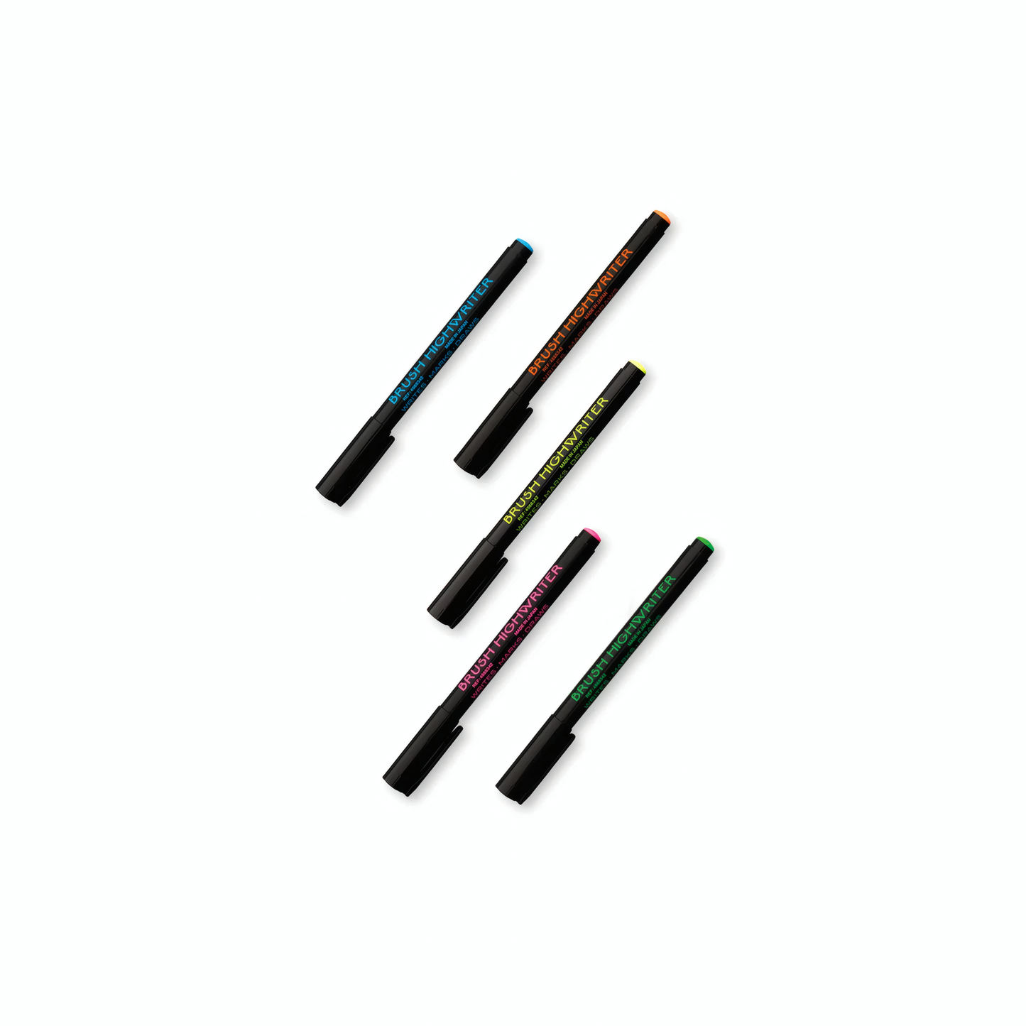The five color oens from Penco Highwriter Brush Pen Set (5) Assorted Colours which is a Fude-style brush pens with water-based ink. Made from PP and polyester. Colours include blue, green, orange, pink, and yellow.
