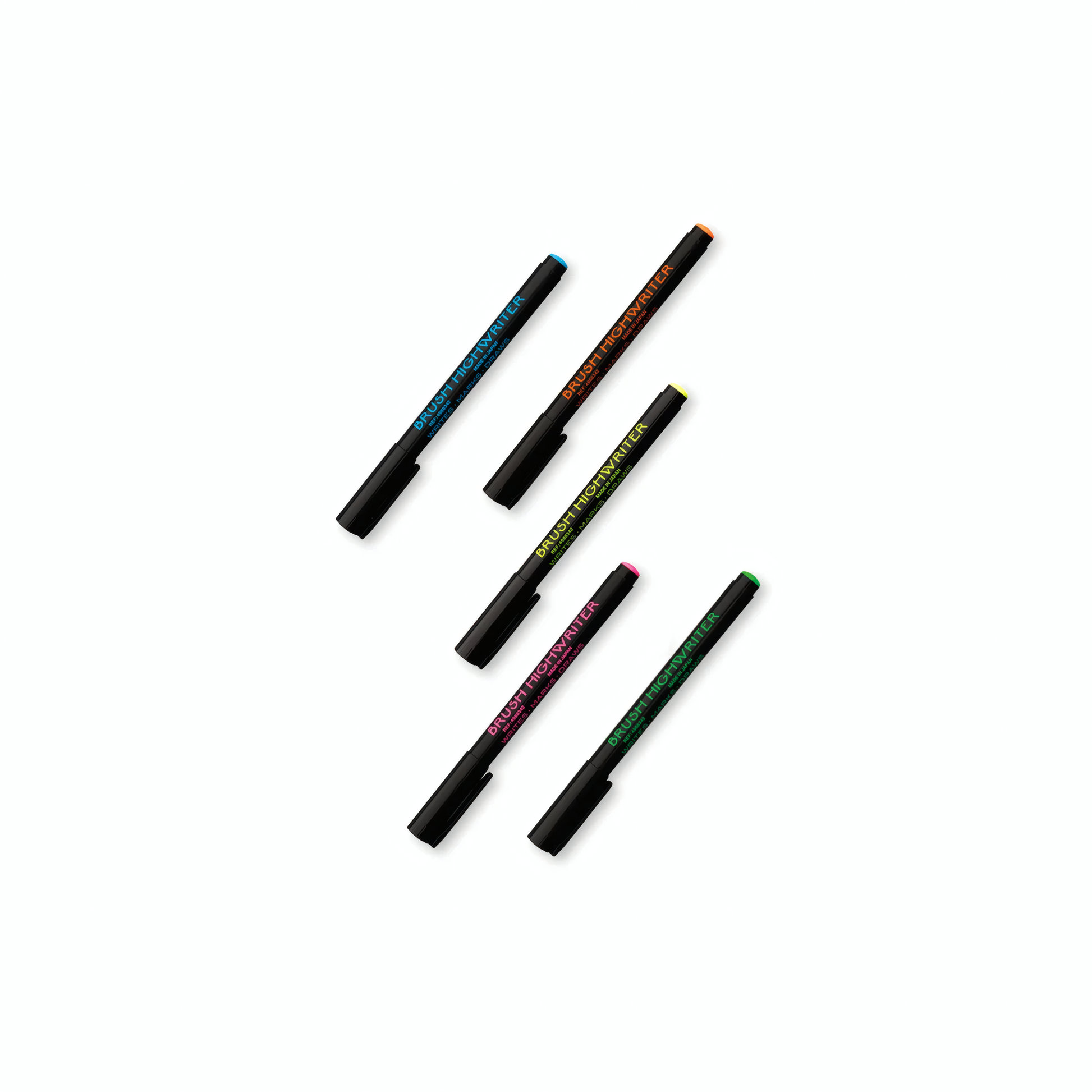 The five color oens from Penco Highwriter Brush Pen Set (5) Assorted Colours which is a Fude-style brush pens with water-based ink. Made from PP and polyester. Colours include blue, green, orange, pink, and yellow.