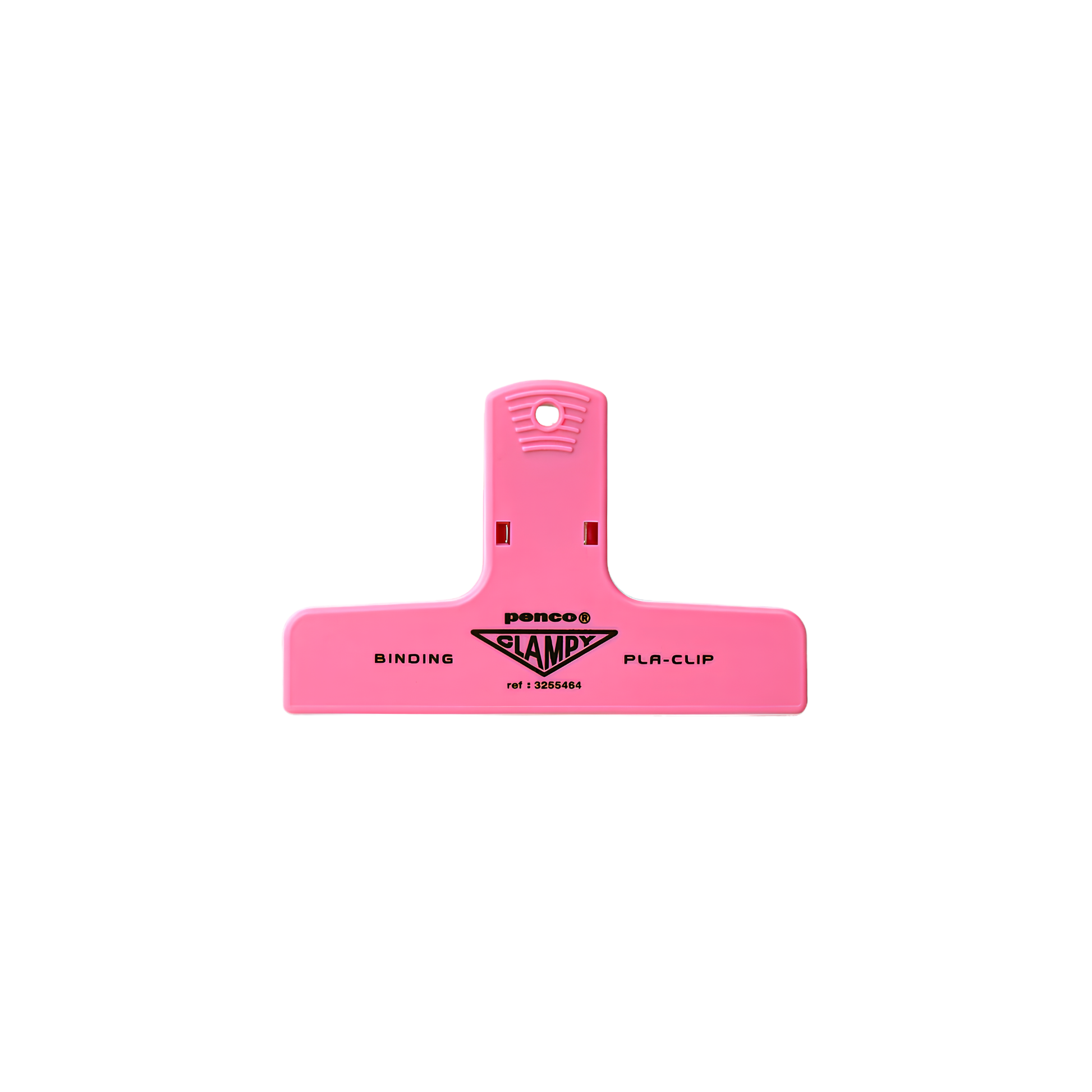 Front view of the Penco retro style Plastic Clip Pink with the penco logo, strong to secure loose sheets of paper, durable and versatile for your workspace.