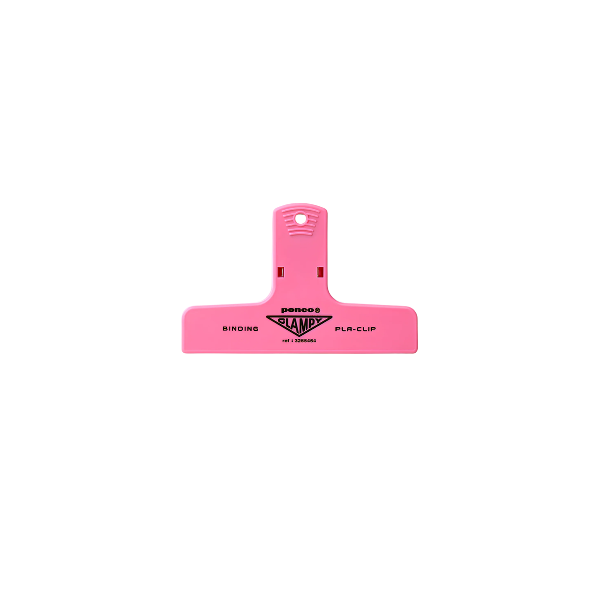 Front view of the Penco retro style Plastic Clip Pink with the penco logo, strong to secure loose sheets of paper, durable and versatile for your workspace.