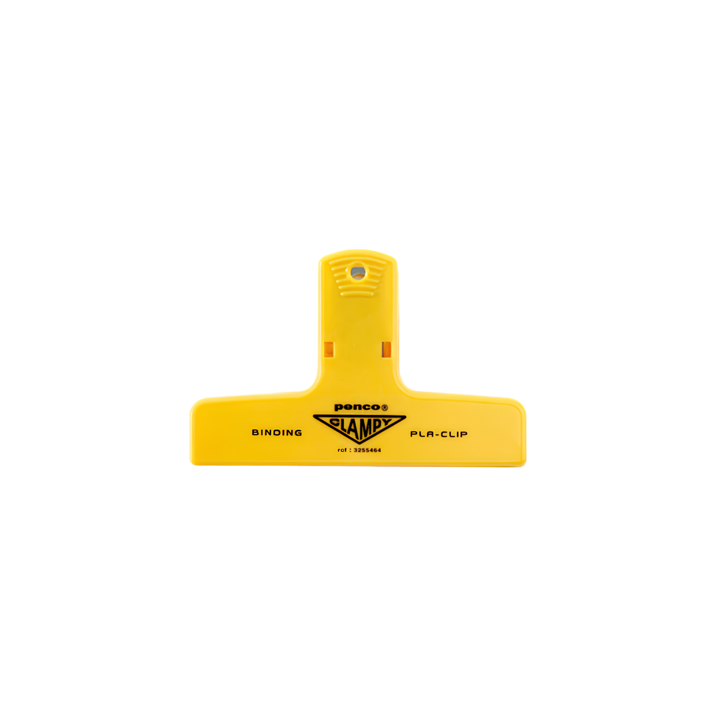 Front view of the Penco retro style Plastic Clip Yellow with the penco logo, strong to secure loose sheets of paper, durable and versatile for your workspace.