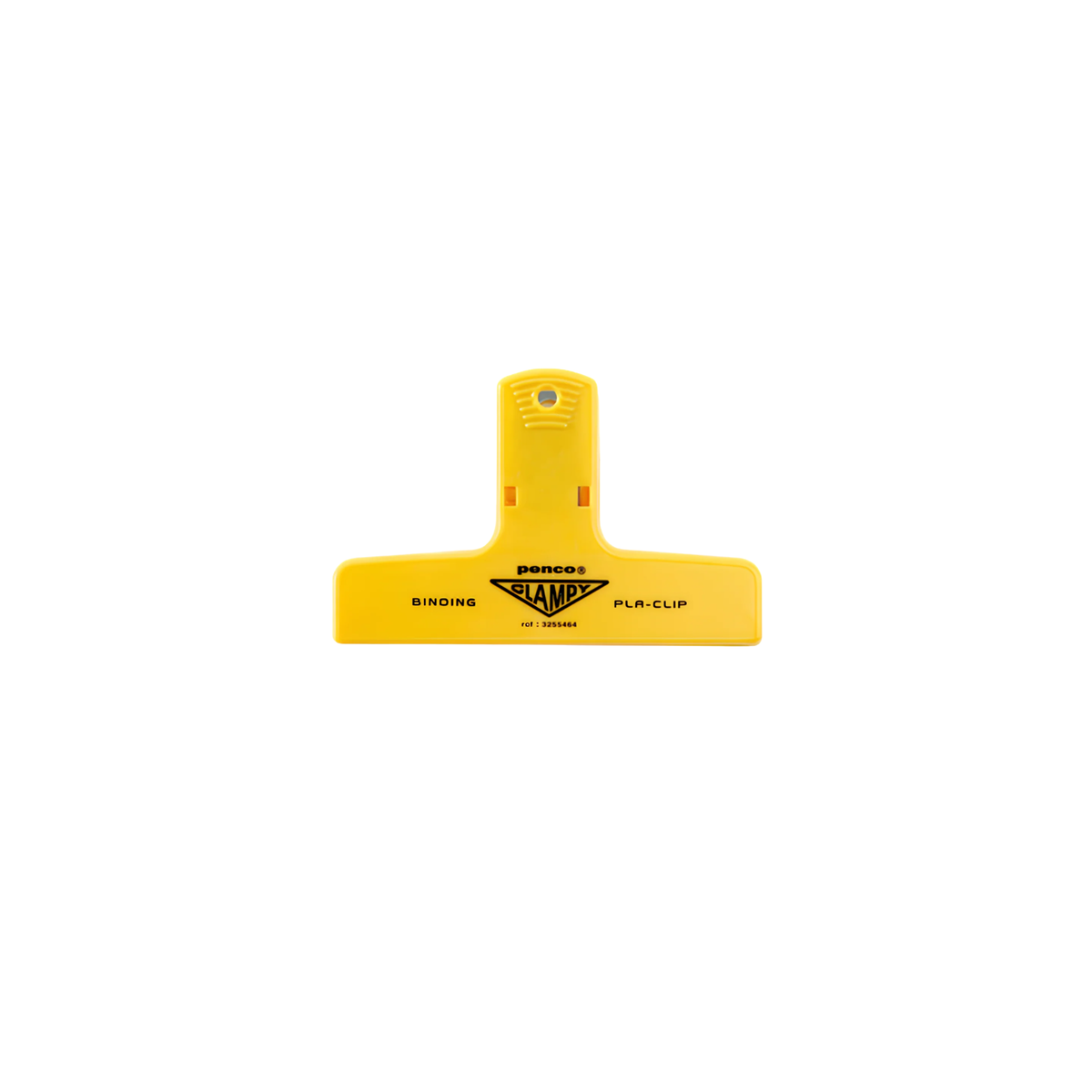 Front view of the Penco retro style Plastic Clip Yellow with the penco logo, strong to secure loose sheets of paper, durable and versatile for your workspace.