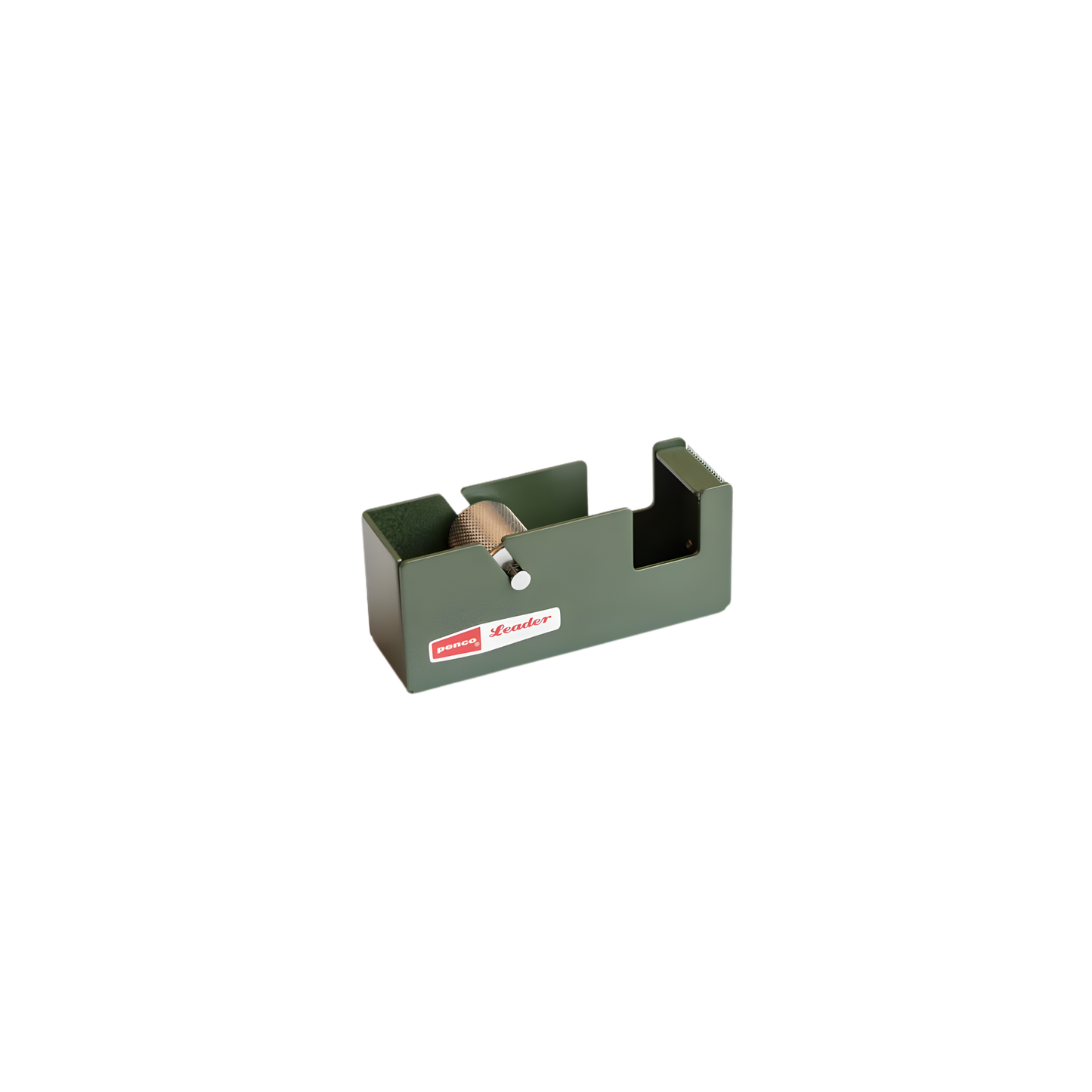 Side view of the Penco Tape Dispenser Small Green made from sturdy steel that is rust and scratch resistant, supports tape up to 2cm in width and 5cm in outer diameter; anti-slip sheet and can be attached to the wall or desk.