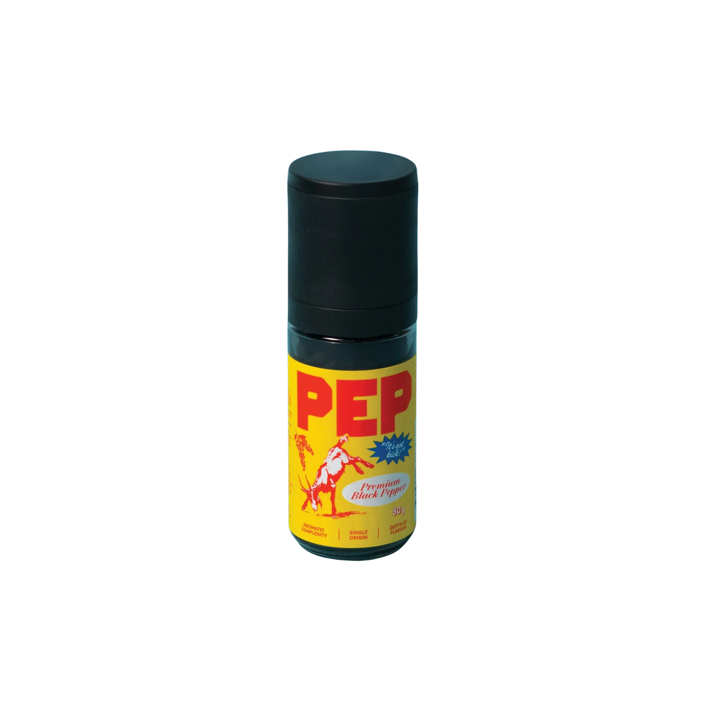 Front view of the PEP Pepper Grinder 50g, for fresh black peppercorns in a reusable smoky glass with yellow cover, with aromatic complexity grown in Cambodia.