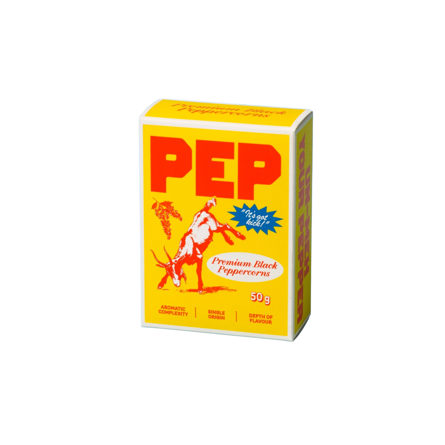 Box for the PEP Pepper Refill Pack 50g, vacuum-sealed whole black peppercorns with a pop out pourer funnel for your grinder.