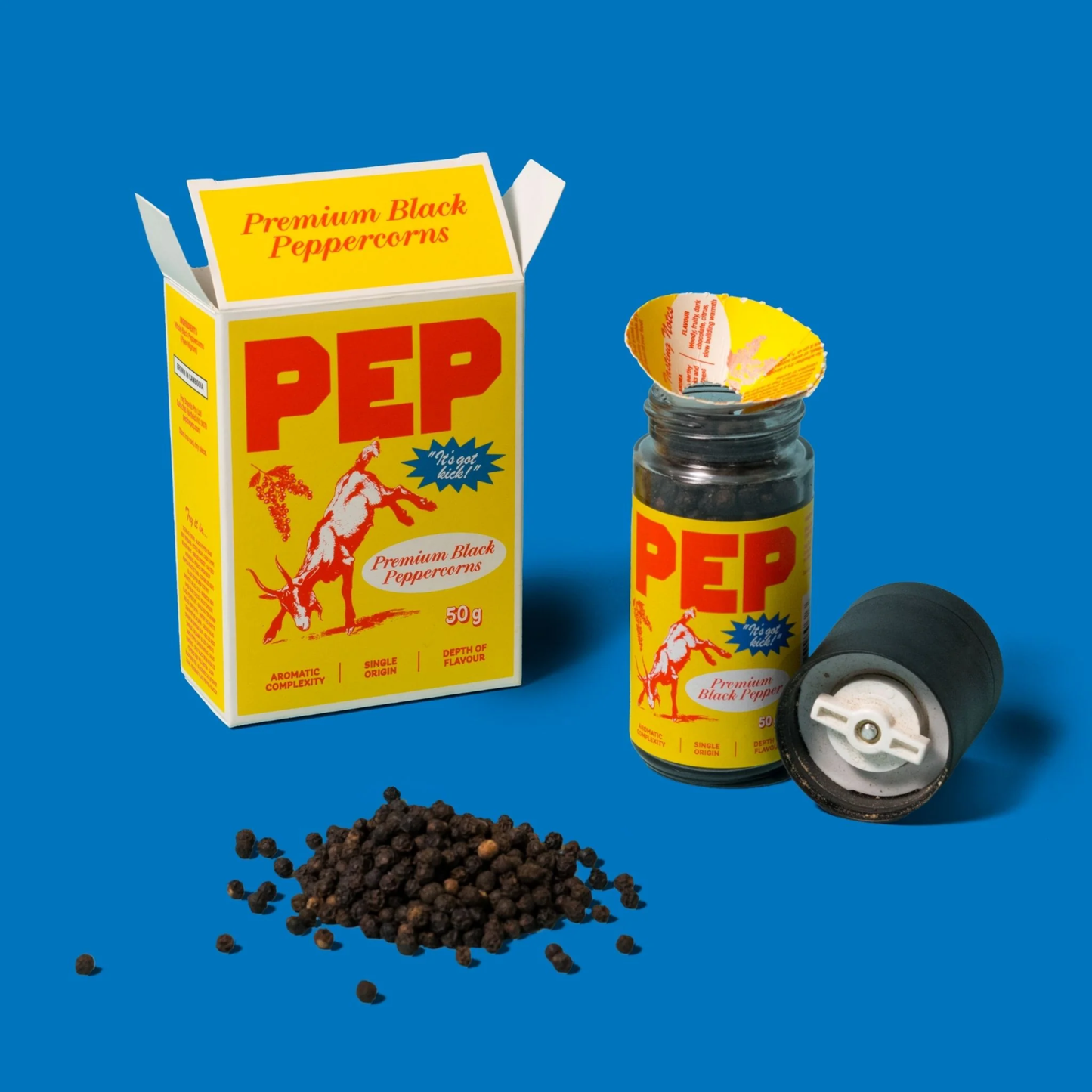 PEP Pepper Refill Pack 50g, vacuum-sealed whole black peppercorns with a pop out pourer funnel for your grinder.