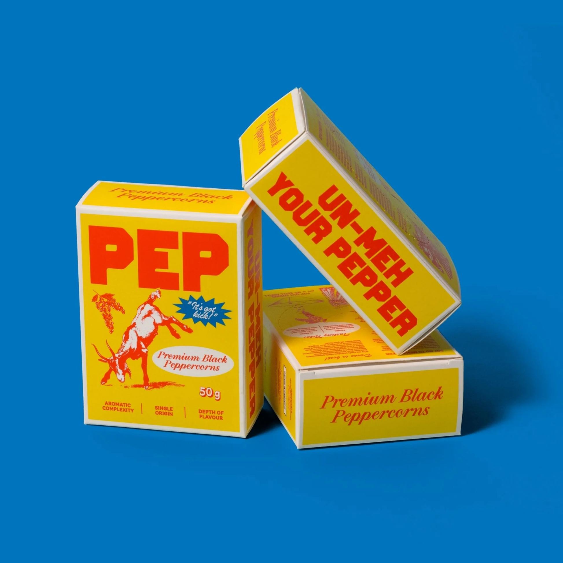 Three boxes of PEP Pepper Refill Pack 50g, vacuum-sealed whole black peppercorns with a pop out pourer funnel for your grinder.