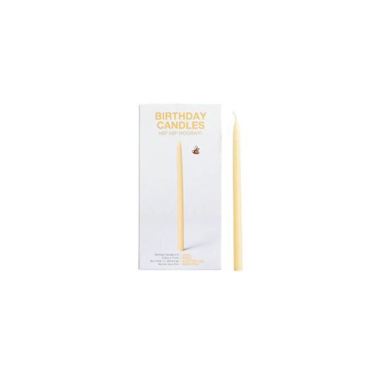 Queen Bee box of 8 birthday candles with candle next to box