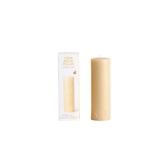 Queen Bee beeswax candle 15cm next to packaging box