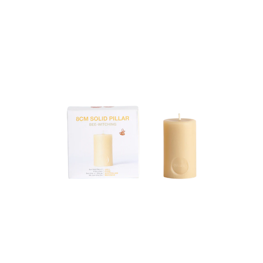 Queen Bee beeswax pillar candle 8cm box of 2 with candle next to box