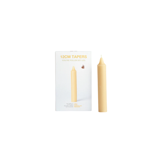 Queen Bee 12cm taper candle next to box