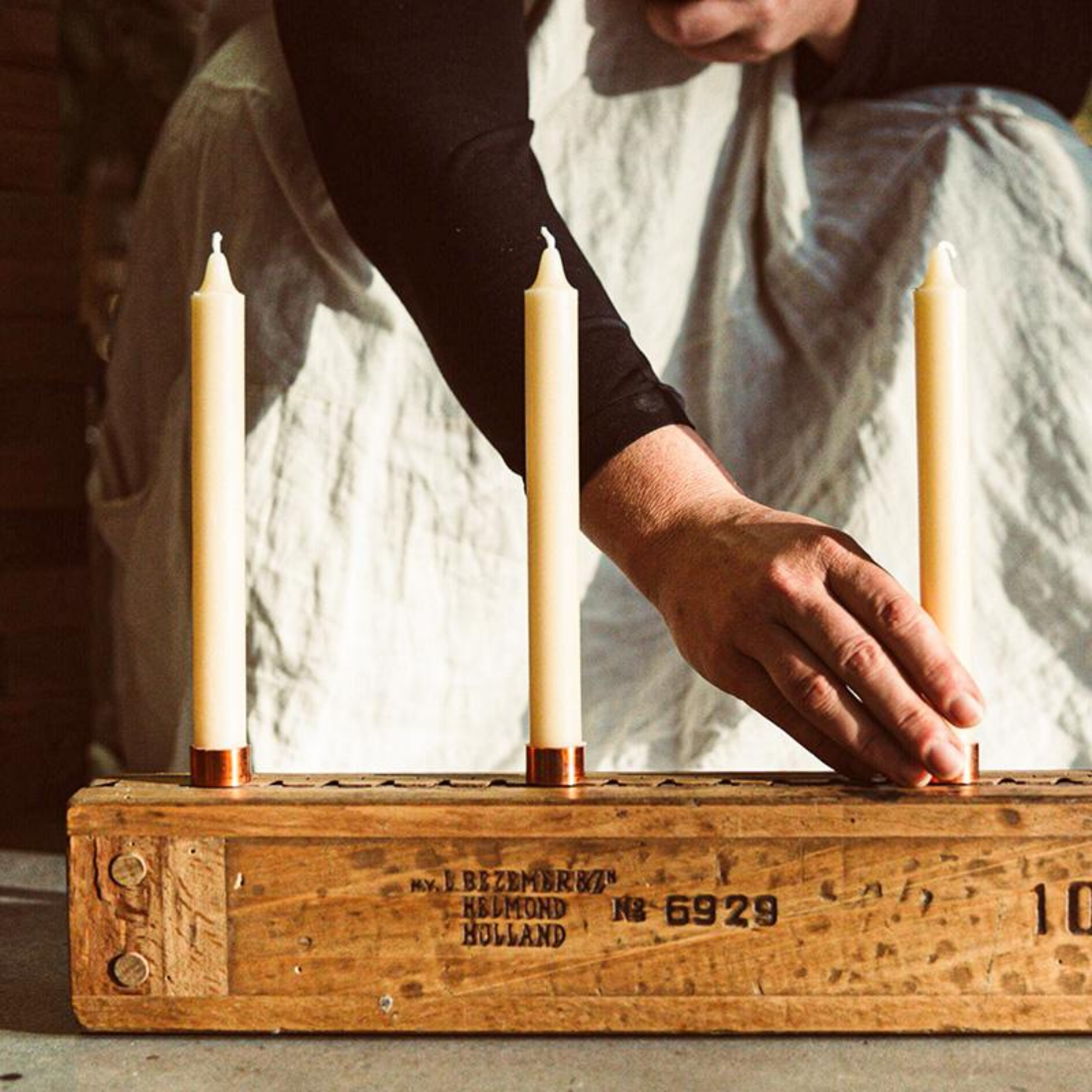 Queen Bee 20cm taper candles in wooden candle holder