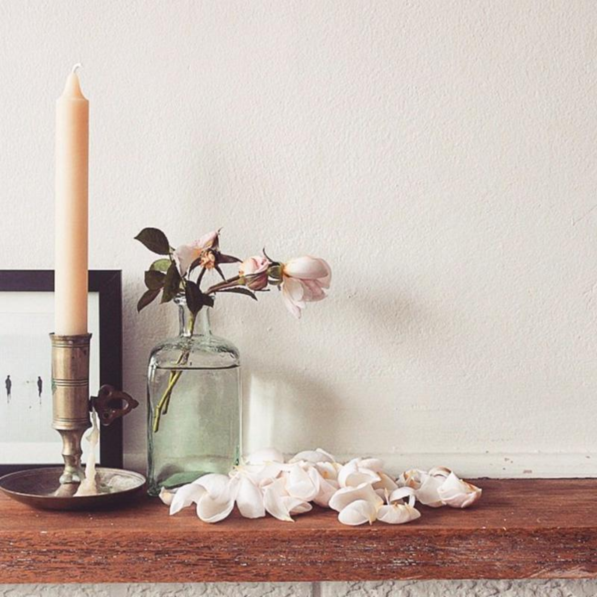 Queen Bee 30cm taper candle on wooden table in candle holder next to flowers