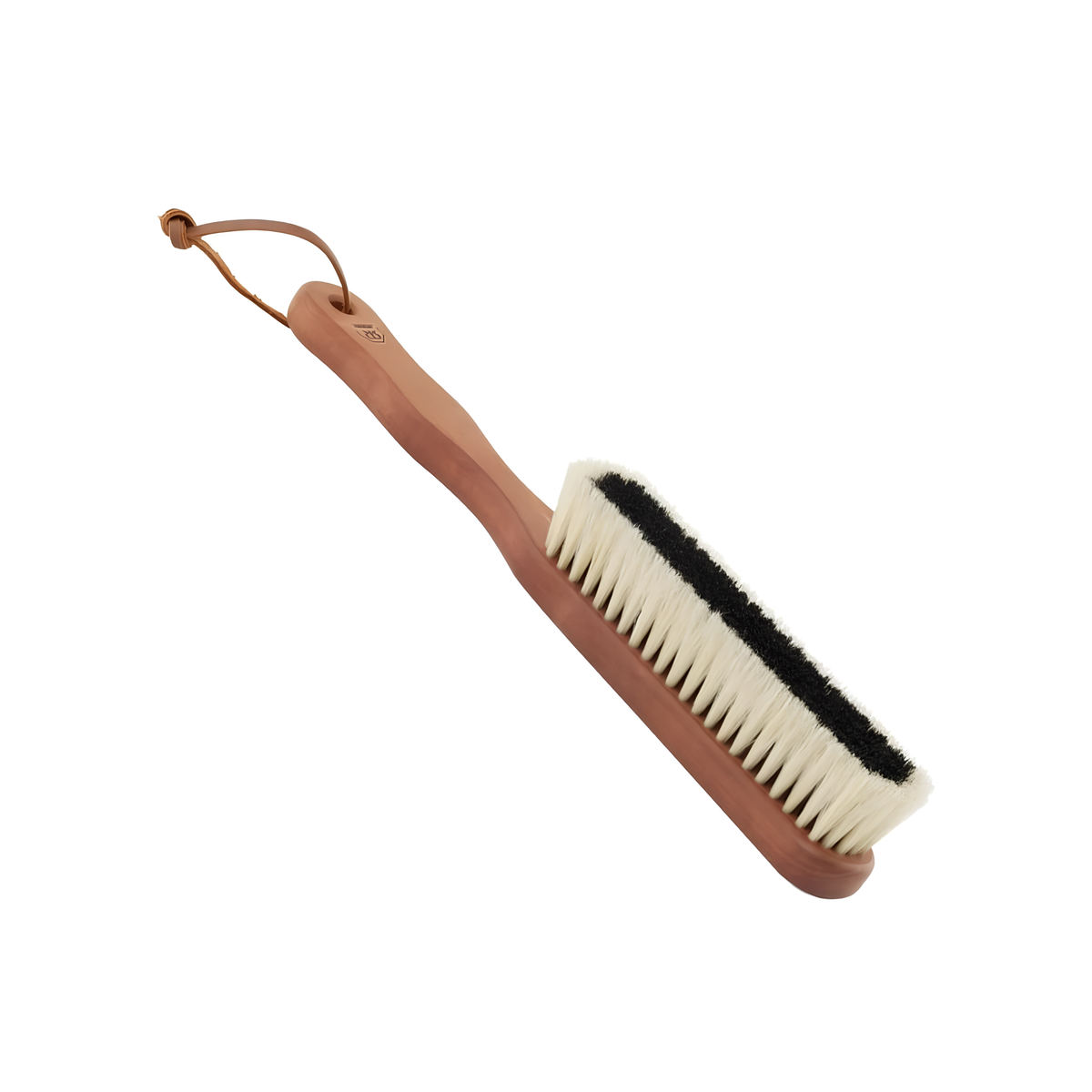 Semi side view of Redecker Cashmere Clothes Brush made from oiled pearwood handle and black plus soft light bristles in the outer for removal of lint, fuzz, hair or dust on all clothing.