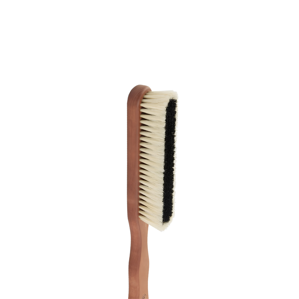 Side view of the Redecker Cashmere Clothes Brush made from oiled pearwood handle and black plus soft light bristles in the outer for removal of lint, fuzz, hair or dust on all clothing.