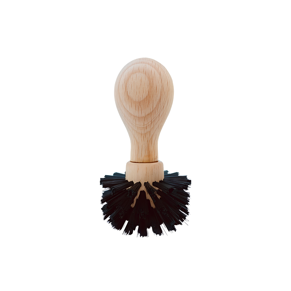 Top to bottom view of the Redecker Espresso Basket Brush which is made of oiled beechwood and black firm nylon bristles, removes powder residue.
