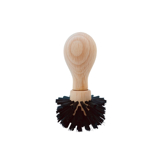 Top to bottom view of the Redecker Espresso Basket Brush which is made of oiled beechwood and black firm nylon bristles, removes powder residue.