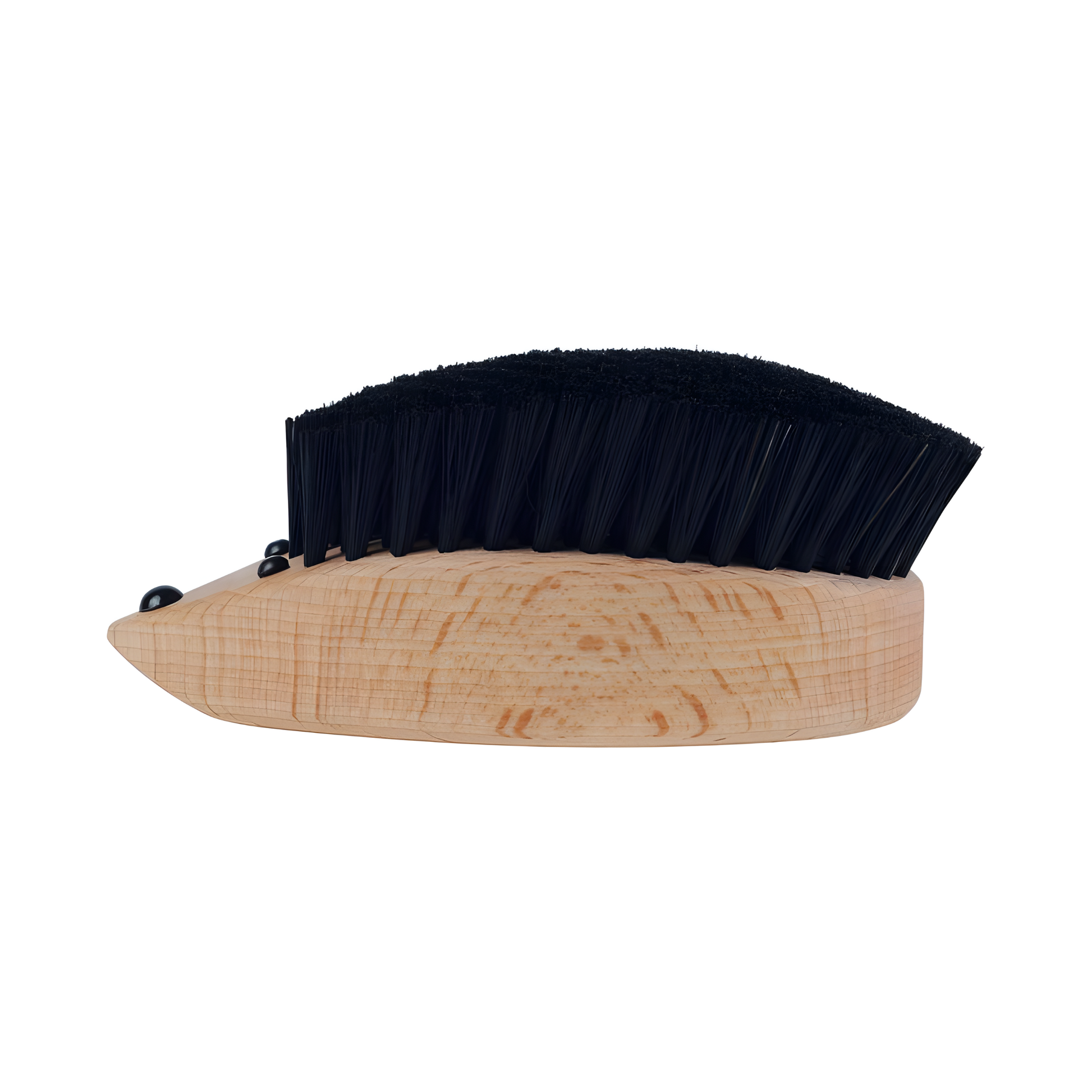 Side view of Fathom hedgehog clothes brush made from oiled beechwood with stiff black natural bristles, handheld lint and garment cleaning brush.