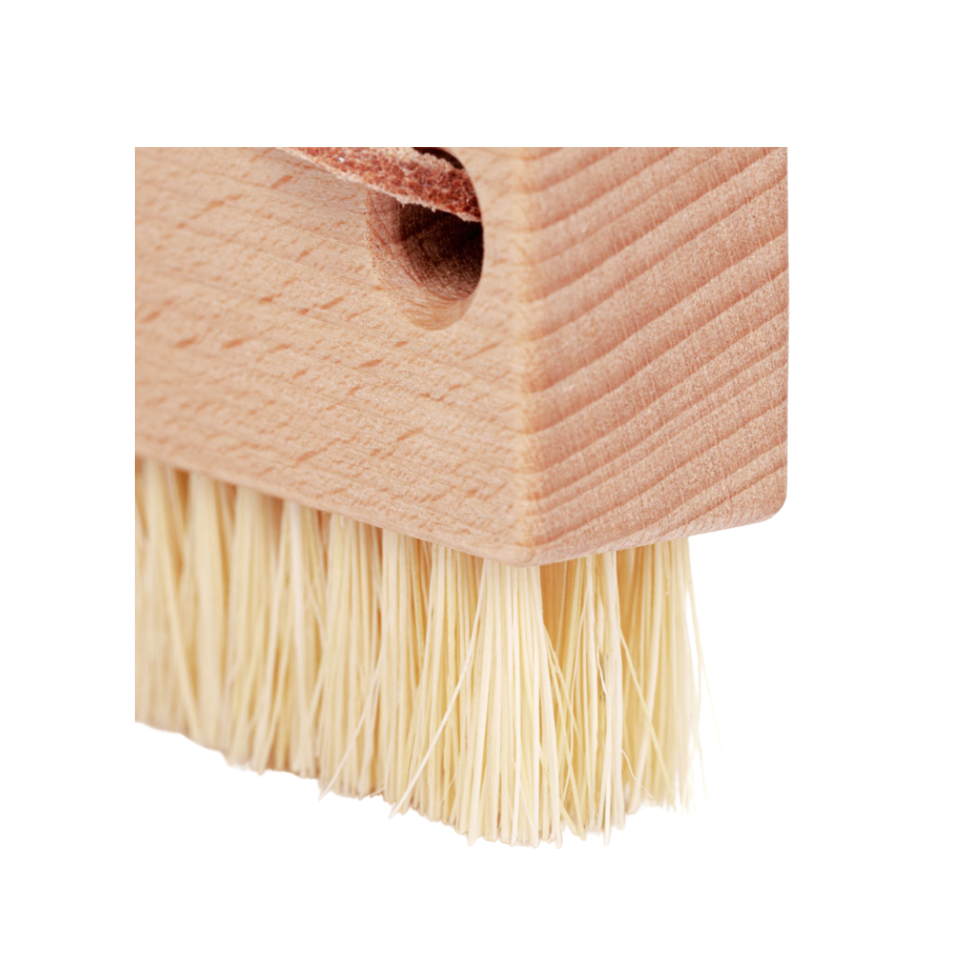 Close up of Redecker nail brush with leather strap