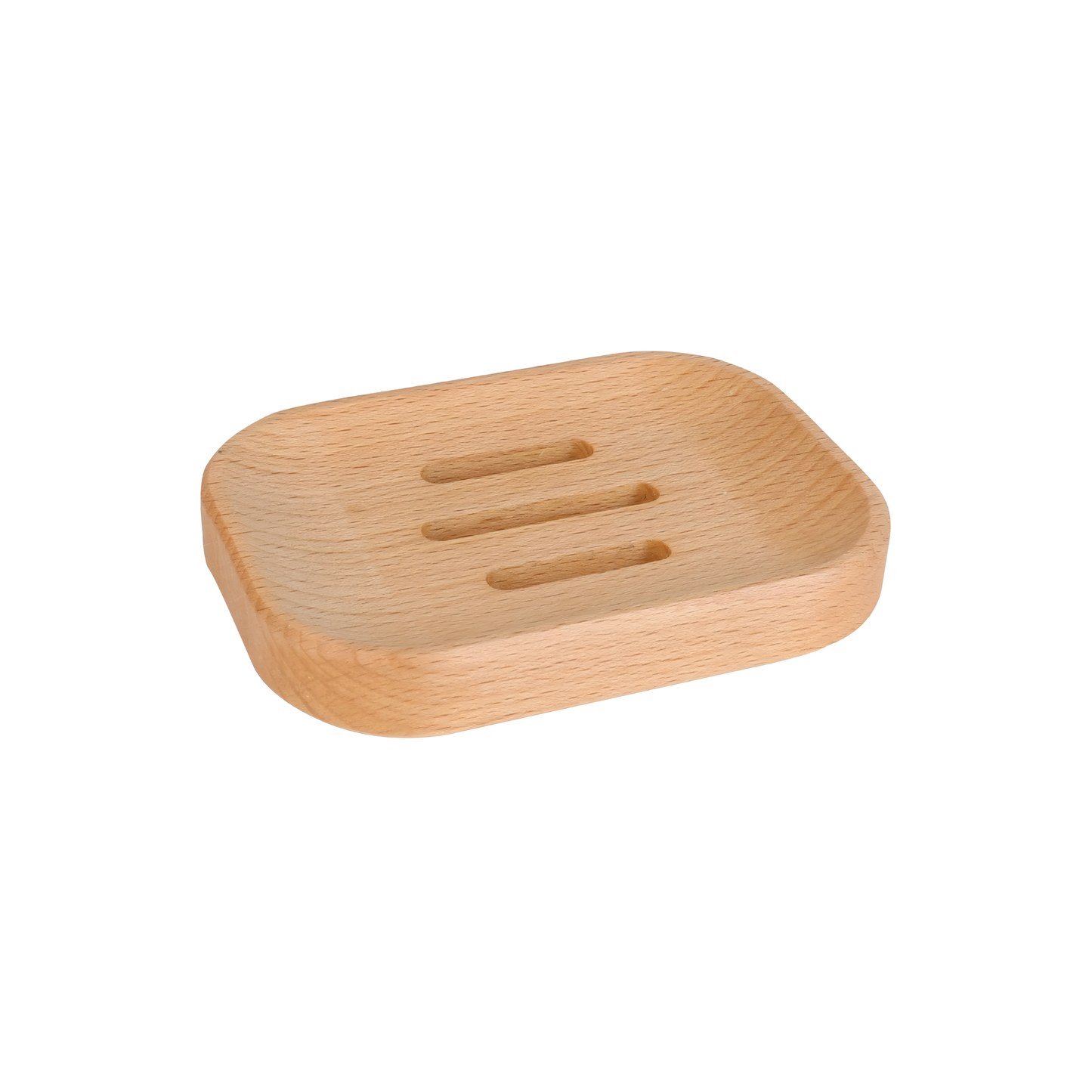 Fathom soap dish made from oiled beech wood with rubber feet and drainage holes, natural wooden soap holder for bathroom use.