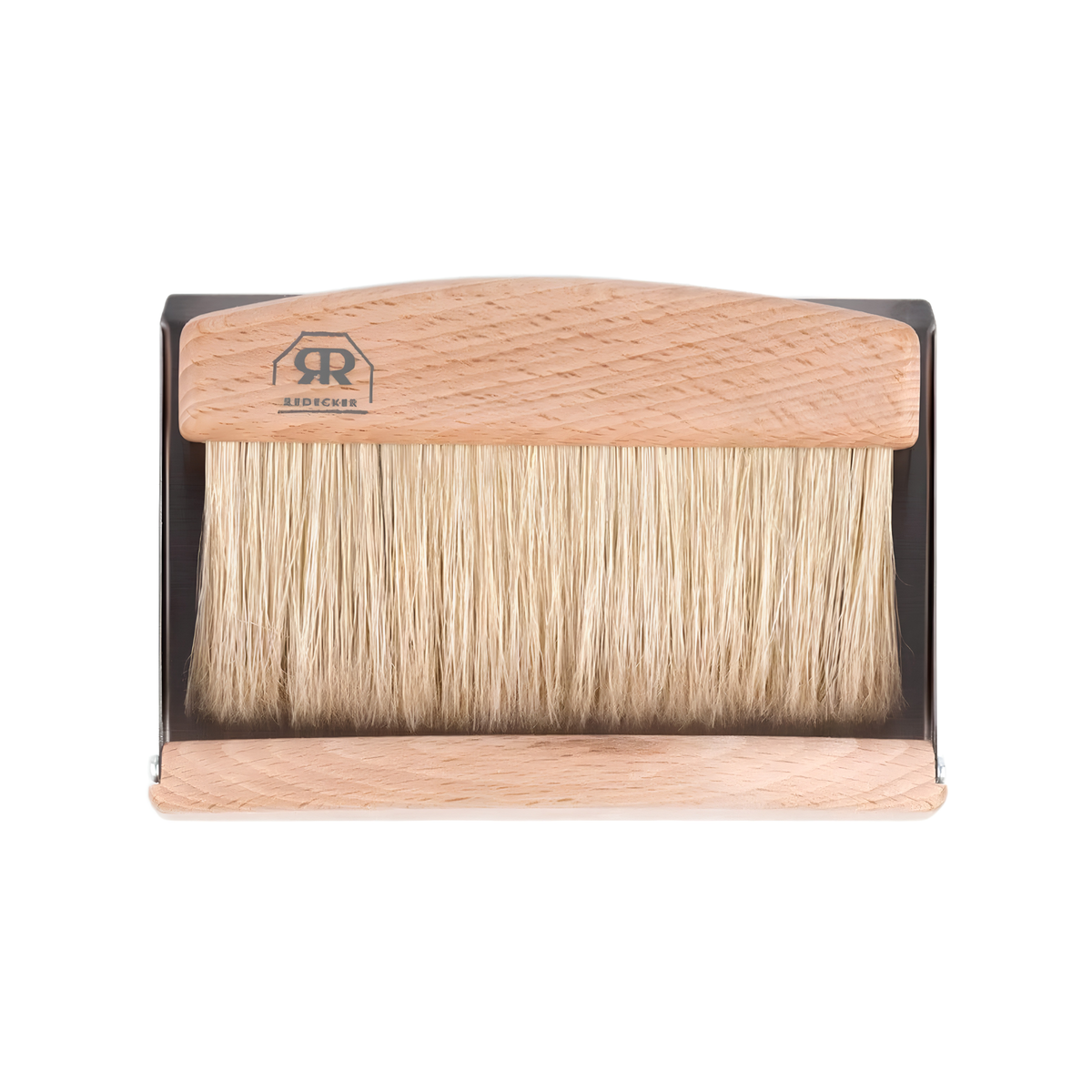 Front view of the Redecker Table Sweeping Set light brown made from stainless steel and soft natural bristles which includes a sleek tray and matching hand brush detachable by a magnet.