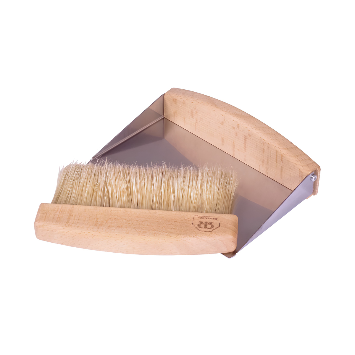 Top view of the Redecker Table Sweeping Set light brown made from stainless steel and soft natural bristles which includes a sleek tray and matching hand brush detachable by a magnet.