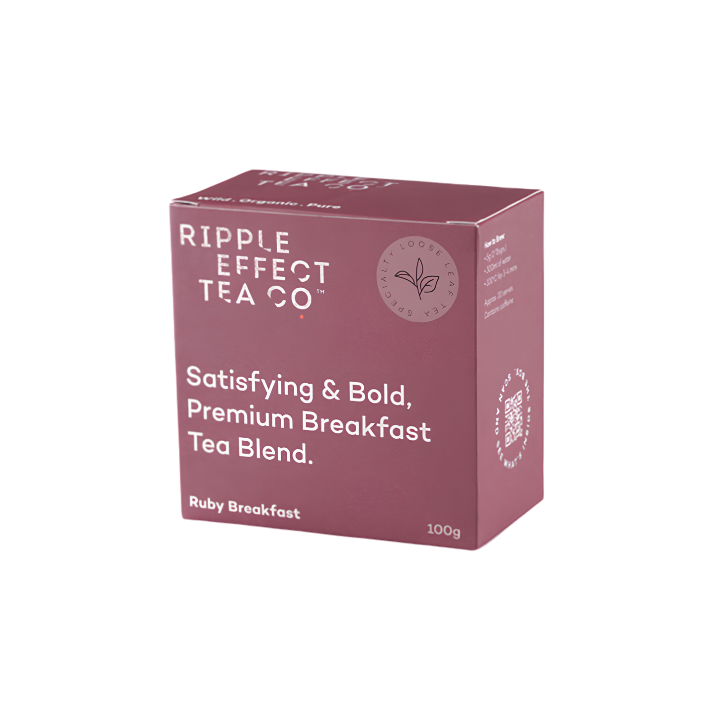Box of the Ripple Effect Tea Co Loose Leaf Tea 100g Ruby Breakfast, pure Ceylon tea leaves from Nilgiris, fresh and organic.