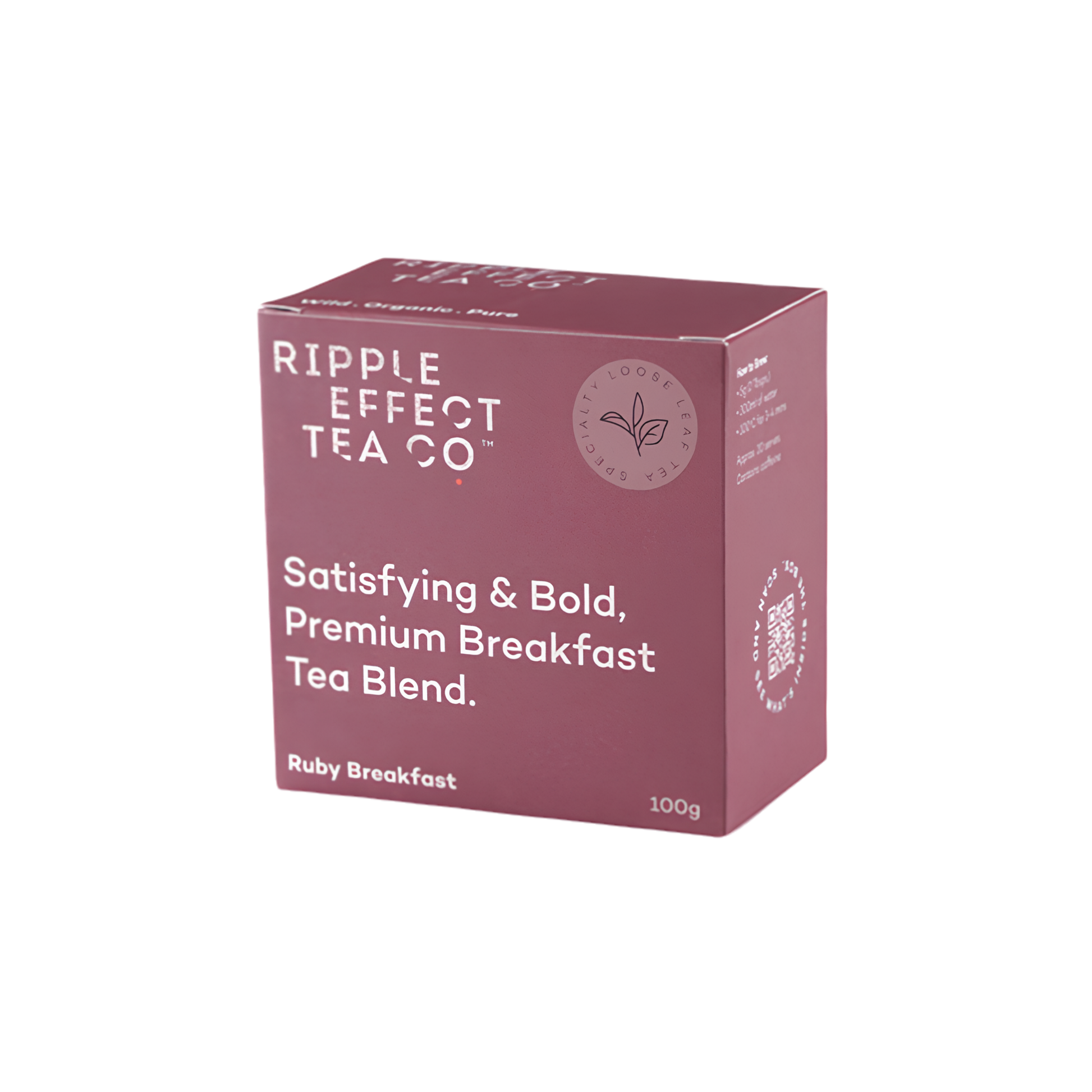 Box of the Ripple Effect Tea Co Loose Leaf Tea 100g Ruby Breakfast, pure Ceylon tea leaves from Nilgiris, fresh and organic.