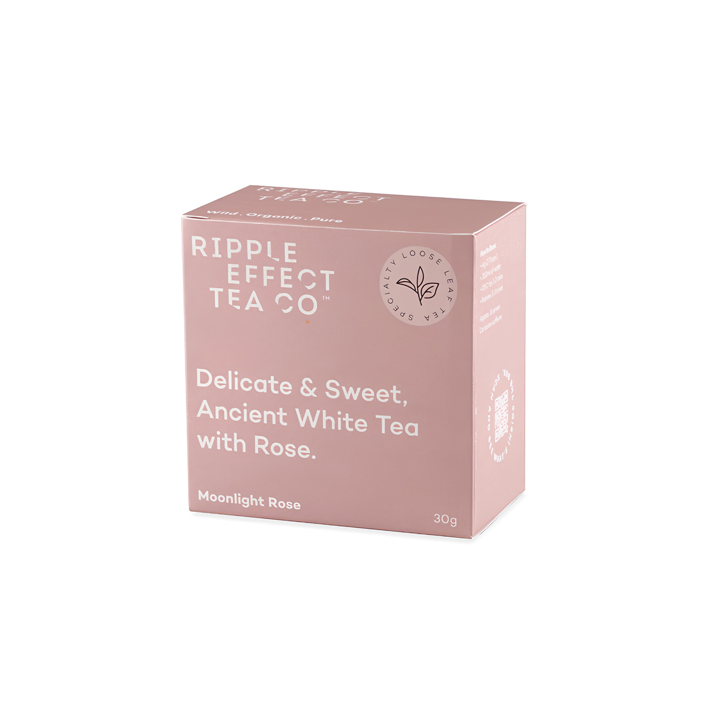 Box for the Ripple Effect Tea Co Loose Leaf Tea 30g Moonlight Rose, dry leaves which are white on the side and shadowy black on the other