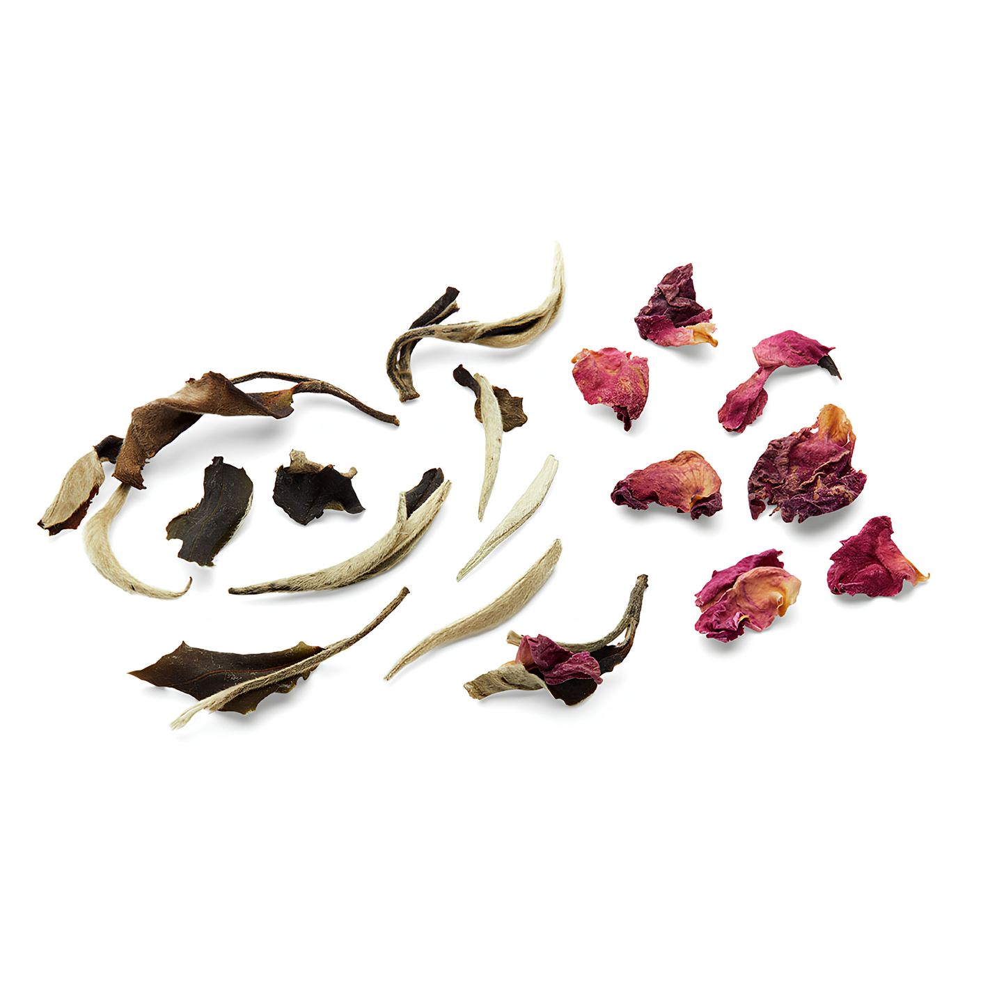 Ripple Effect Tea Co Loose Leaf Tea 30g Moonlight Rose, dry leaves which are white on the side and shadowy black on the other