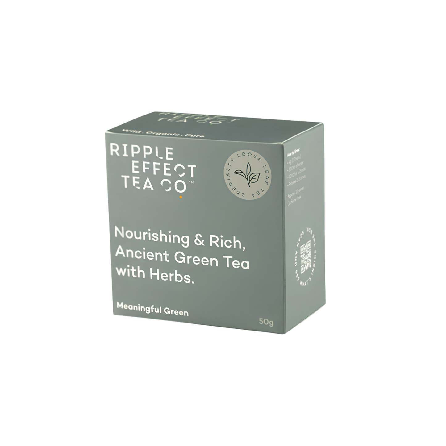 Box of the Ripple Effect Tea Co Loose Leaf Tea 50g Meaningful Green, wild green tea leaves, Red clover blossoms, Lemon verbena and Gynostemma vine. Antioxidant and healthy.