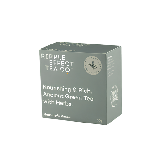 Box of the Ripple Effect Tea Co Loose Leaf Tea 50g Meaningful Green, wild green tea leaves, Red clover blossoms, Lemon verbena and Gynostemma vine. Antioxidant and healthy.