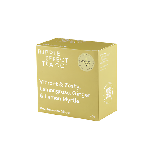 Box of the Ripple Effect Tea Co Loose Leaf Tea 70g Double Lemon Ginger. Lemongrass, ginger and lemon myrtle for stress relief and sooth stomach, also for digestion and concentration.