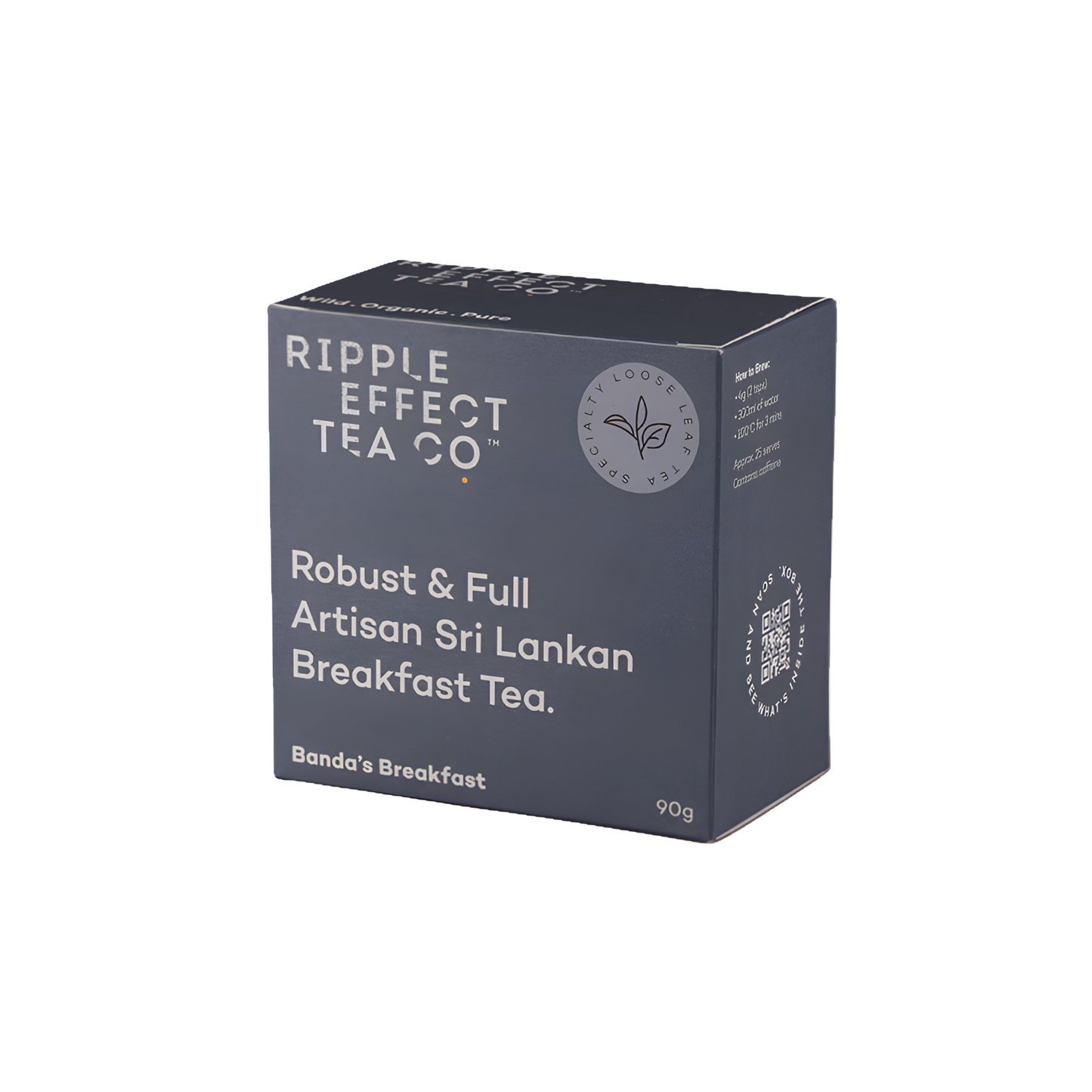 Box of the Ripple Effect Tea Co Loose Leaf Tea 90g Bandas Breakfast, which is strong and flavoursome, made from robust Assamica variety, crafted by farmers in Sri Lanka for those who value depth, balance and nuance.